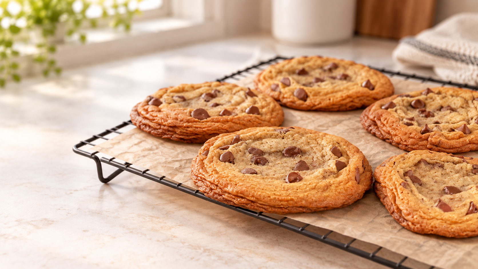 Fresh chocolate chip cookies cooling on a wire rack in a bright kitchen
