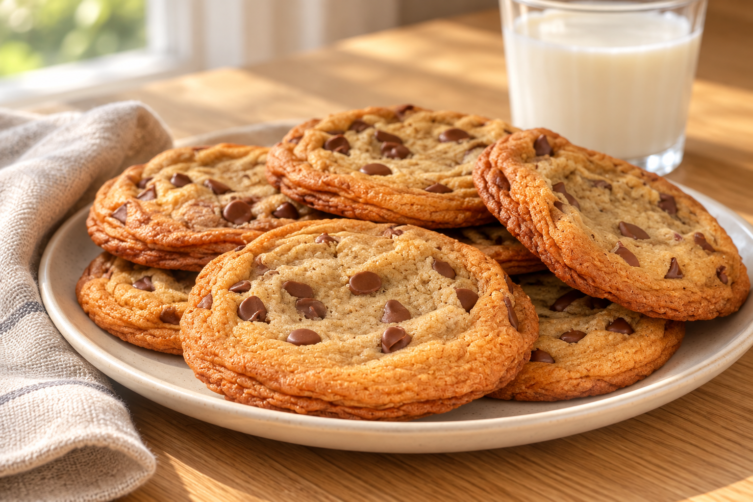 A plate piled with chocolate chip cookies beside a glass of milk
