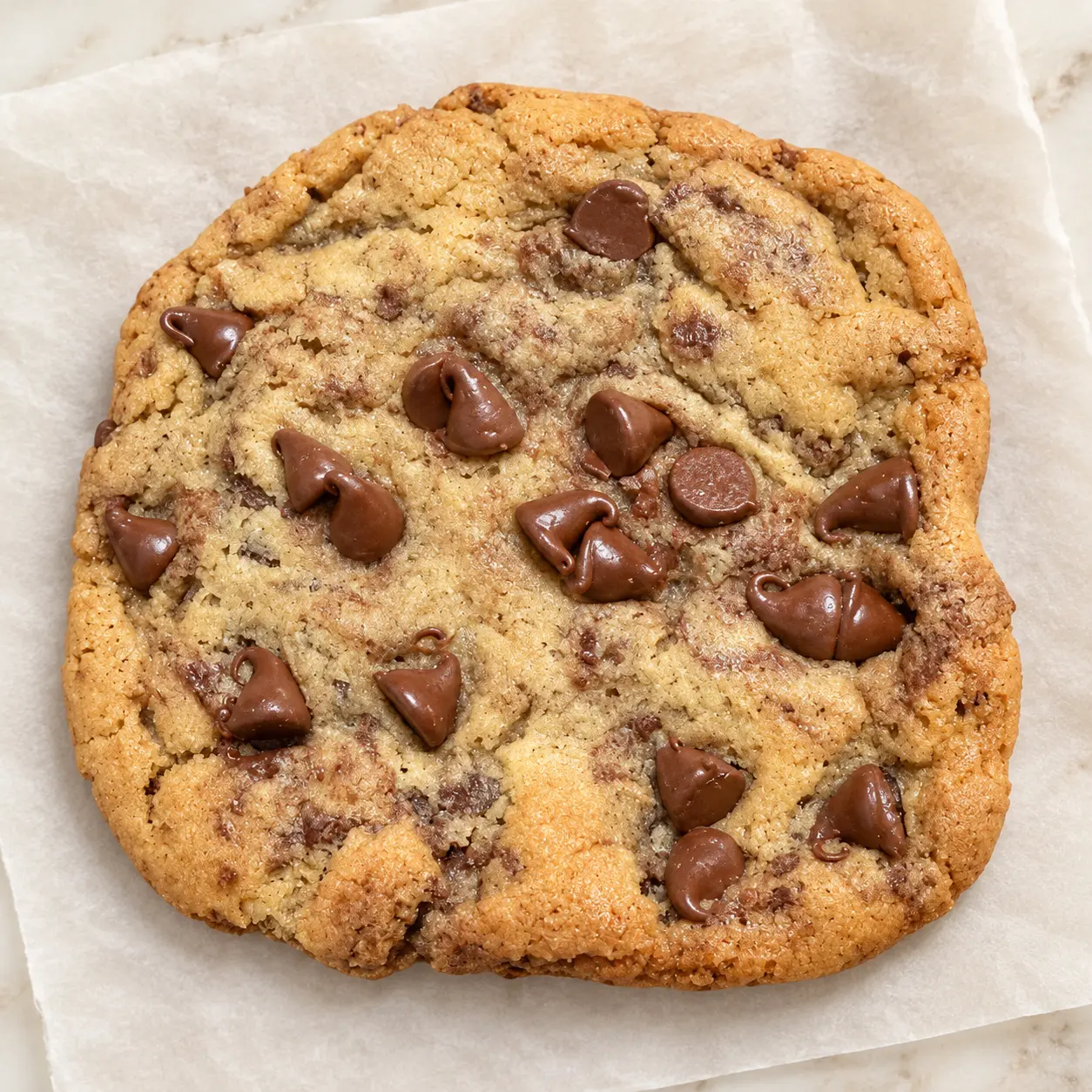 One large golden chocolate chip cookie on parchment paper