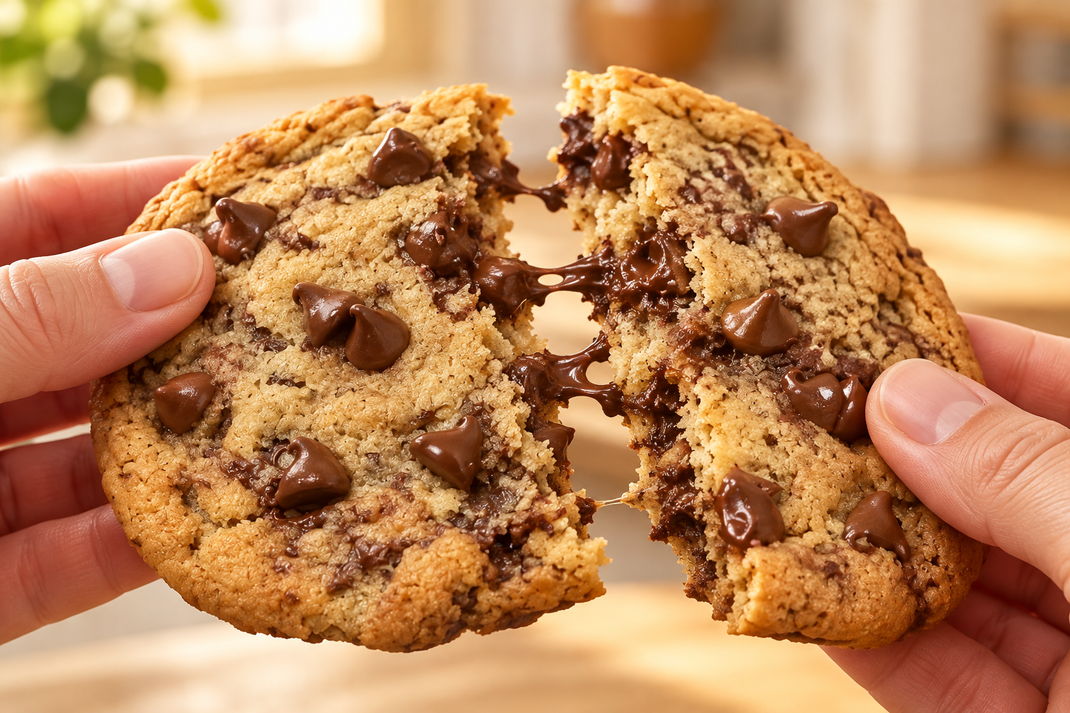 A warm chocolate chip cookie pulled apart to reveal its melted chocolate center