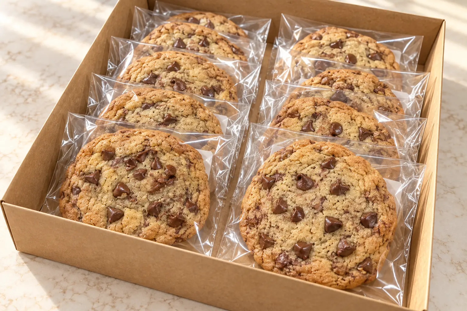 A box filled with individually wrapped chocolate chip cookies