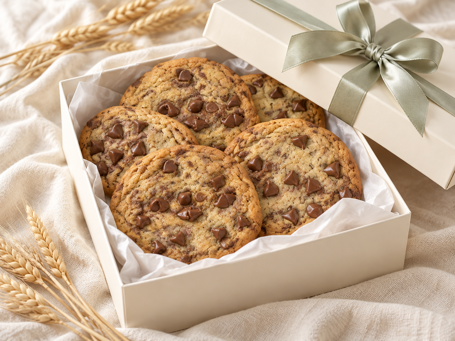 Cookie gift box tied with a sage ribbon