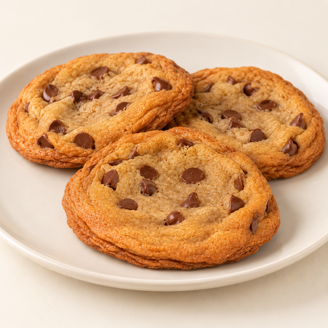 Three chocolate chip cookies arranged on a white plate