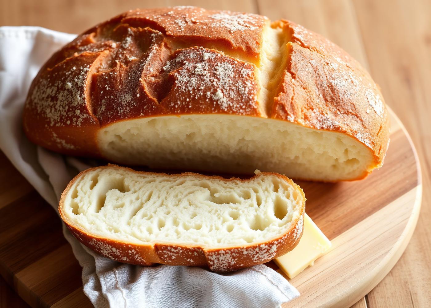 Homemade loaf of white bread with a slice cut