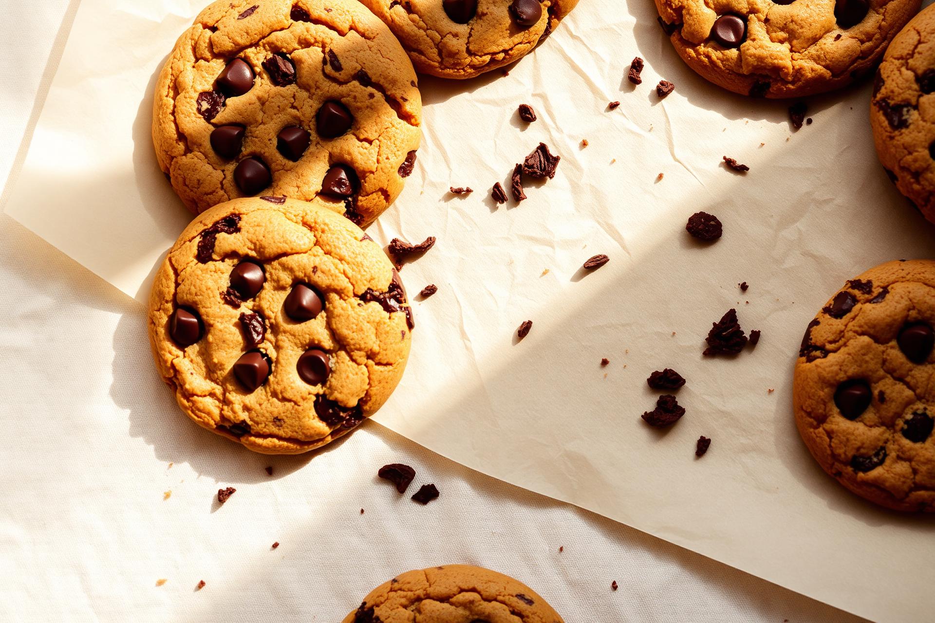 Fresh homemade chocolate chip cookies on parchment paper
