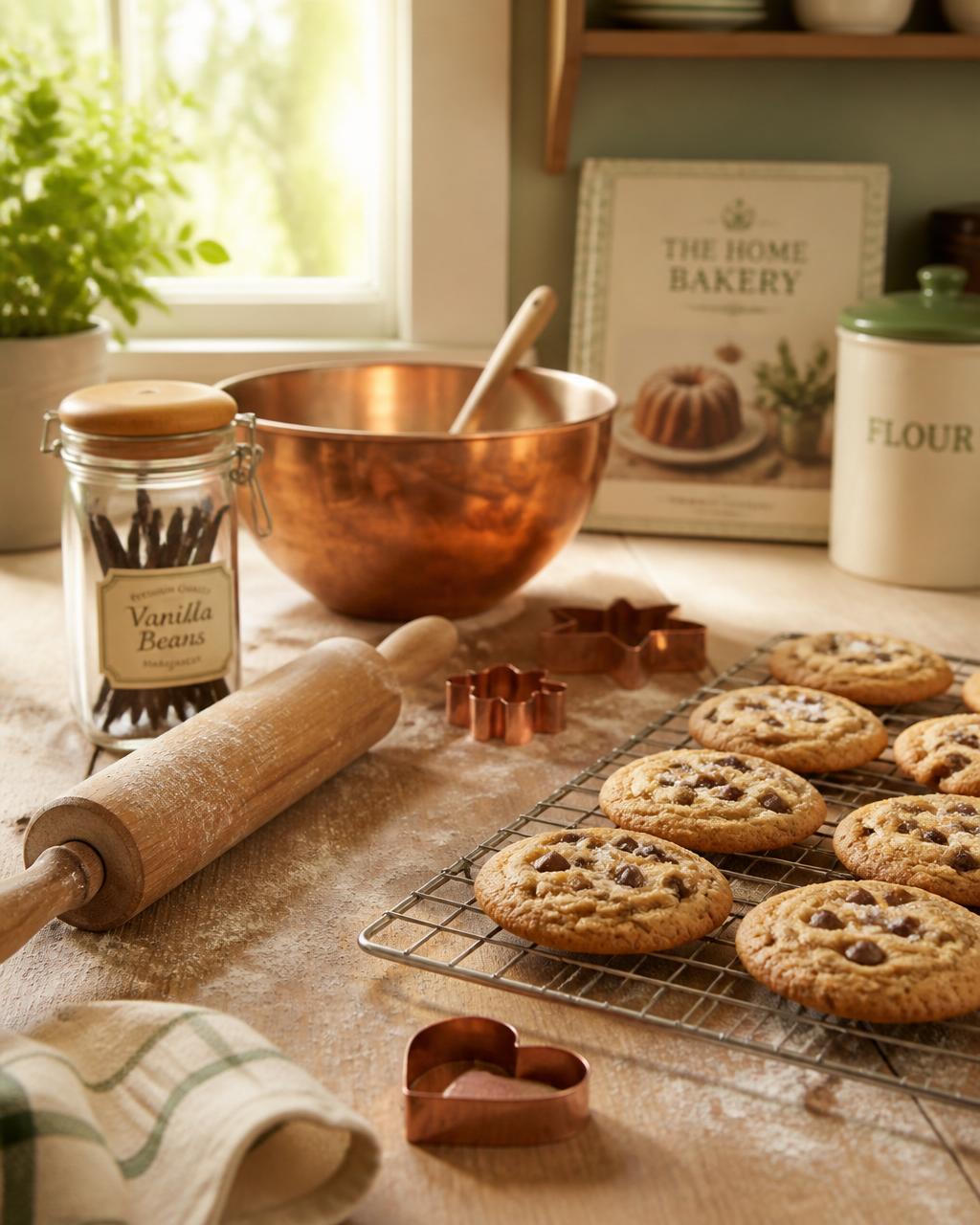 A warm kitchen counter with freshly baked cookies, a rolling pin, copper mixing bowl, and vanilla beans